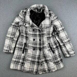 IZ Byer Womens Black White Plaid Double Breasted Pea Coat Jacket Large Winter